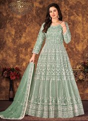 Sea Green Net Embroidered Anarkali Suit For Eid