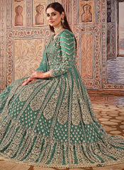 Sea Green Net Embroidered Floor Length Salwar Kameez