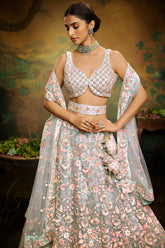Sea green Net Multi Sequins with heavy Zarkan embroidery Lehenga choli
