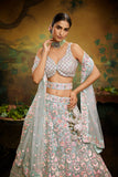 Sea green Net Multi Sequins with heavy Zarkan embroidery Lehenga choli