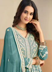 Faux georgette embroidered party wear Anarkali with dupatta