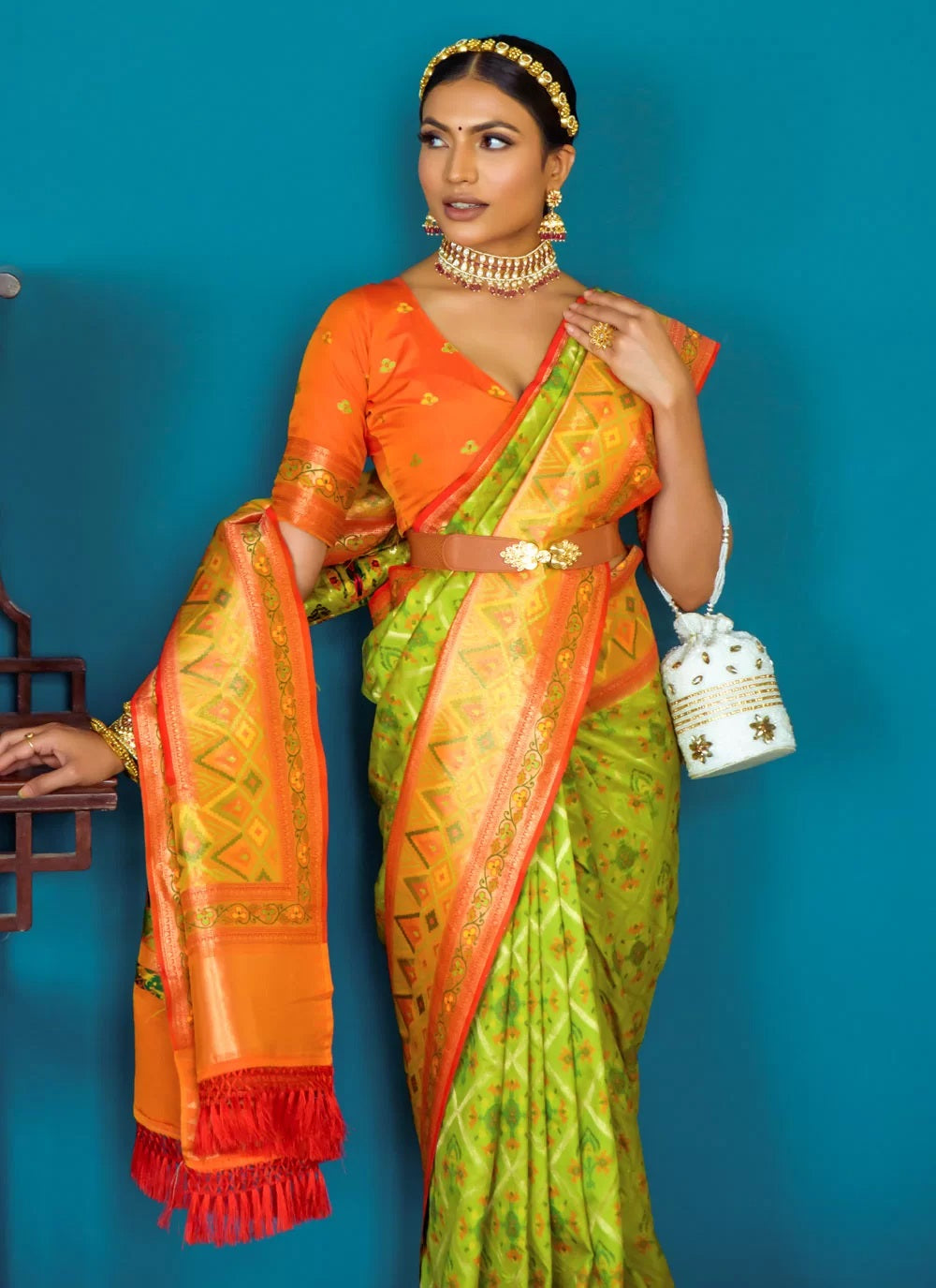 Sea Green Patola Printed Banarasi Silk Indian Saree