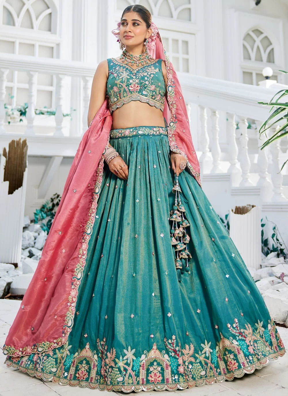 Sea Green Satin Embroidered Wedding Wear Lehenga Choli with Pink Dupatta