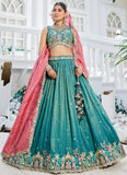 Sea Green Satin Embroidered Wedding Wear Lehenga Choli with Pink Dupatta