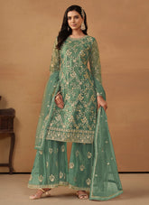 Sea Green Sequins Embroidered Palazzo Suits For Women