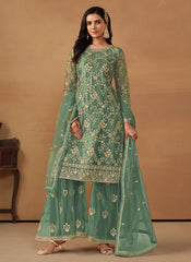 Sea Green Sequins Embroidered Palazzo Suits For Women