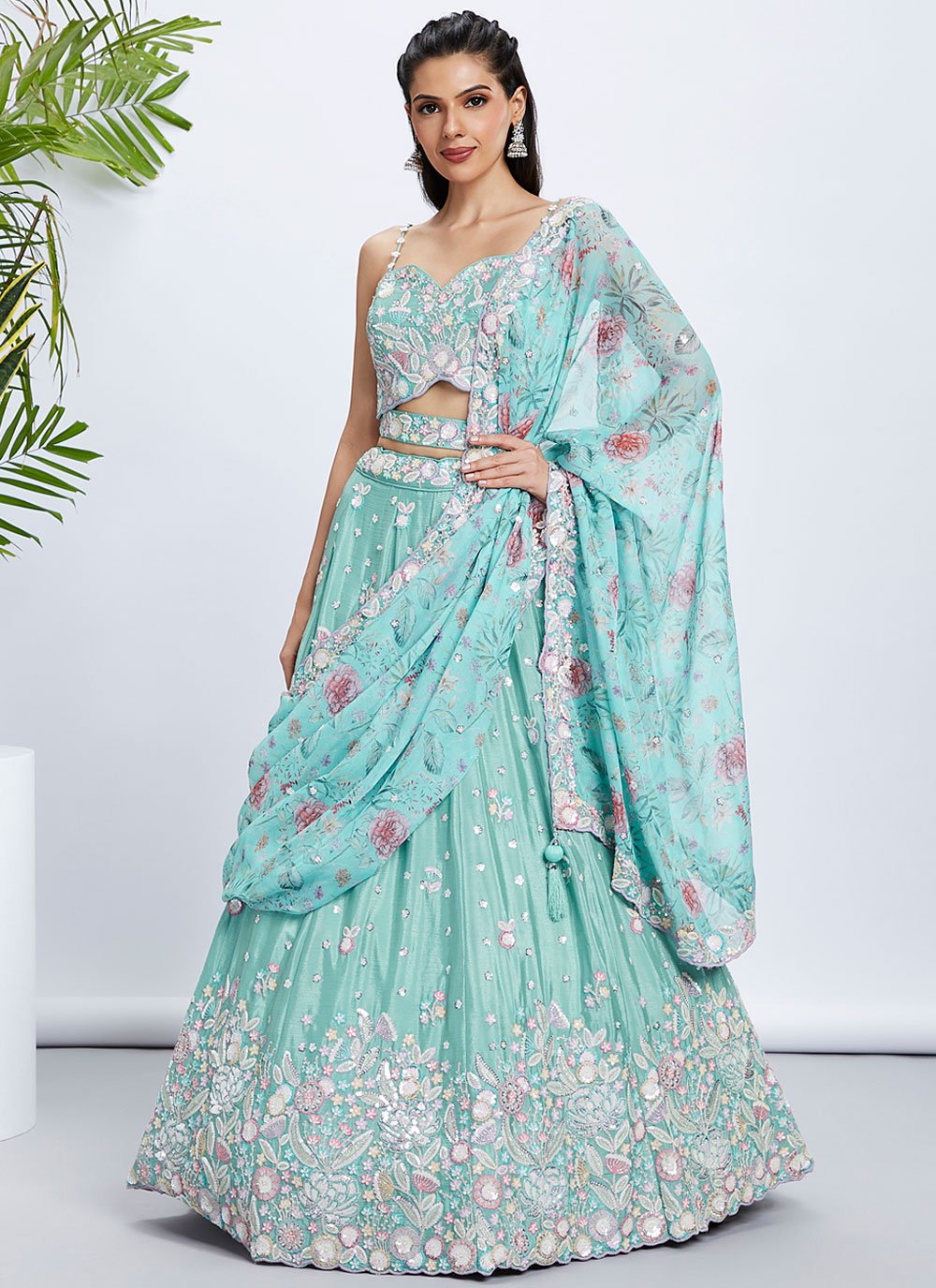 Sea Green Silk Chiffon Wedding Wear Sequins embroidered Lehenga Choli