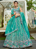 Sea Green Tissue Embroidered Wedding Lehenga Choli with Cutwork Dupatta