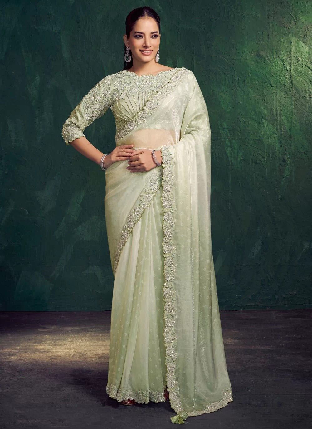 sea green two tone satin traditional saree with pearl handwork