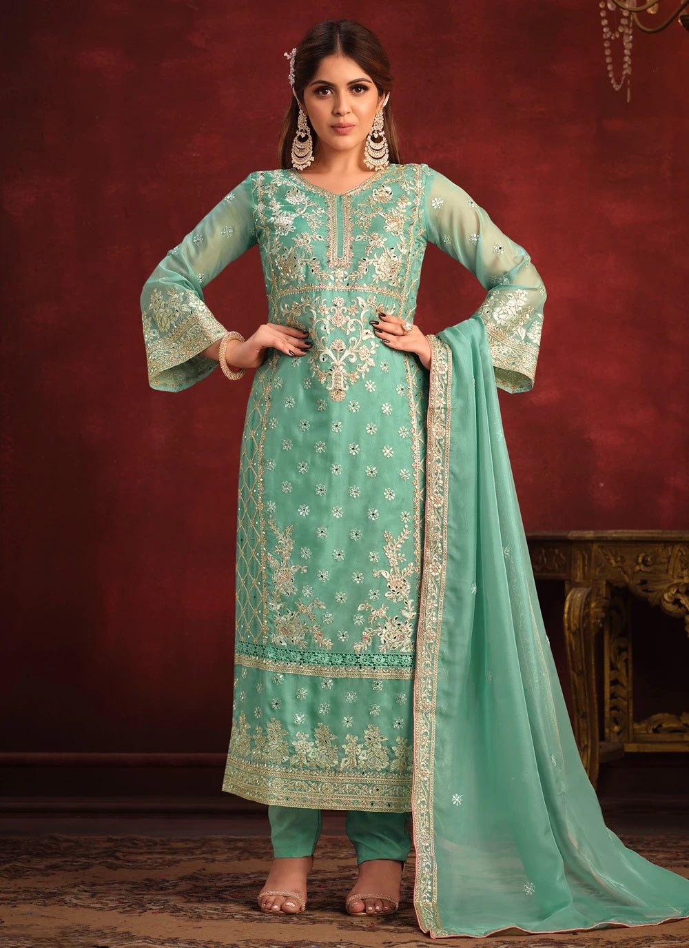 Sea Green Viscose Embroidered Pakistani Suit