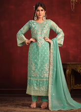 Sea Green Viscose Embroidered Pakistani Suit