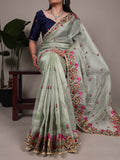 Floral thread embroidered saree in sea green