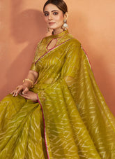 Sequence And Thread Work Organza Silk Saree In Green