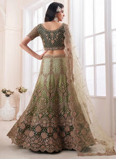 Sequinned Olive Soft Net Bridal Lehenga with Dori and Thread Embroidery