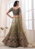 Sequinned Olive Soft Net Bridal Lehenga with Dori and Thread Embroidery