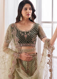 Sequinned Olive Soft Net Bridal Lehenga with Dori and Thread Embroidery