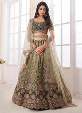 Sequinned Olive Soft Net Bridal Lehenga with Dori and Thread Embroidery
