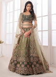 Sequinned Olive Soft Net Bridal Lehenga with Dori and Thread Embroidery