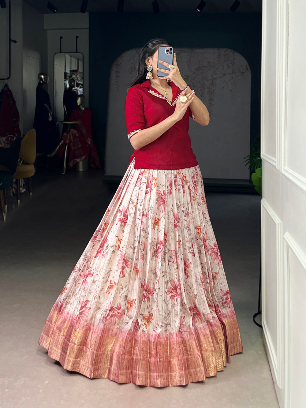 Red Dola Chex Zari Weaving Co-ord Set