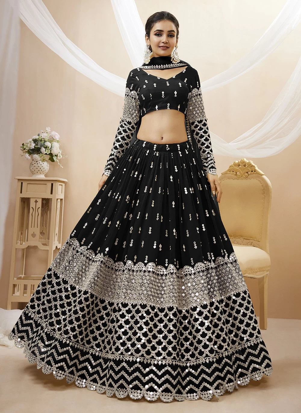 Sequins and Zari Embroidered Georgette Indian Lehenga In Black