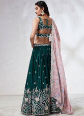 Sequins and Zarkan Work Poly Georgette Lehenga In Teal