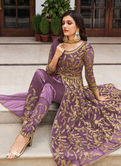 Sequins Embroidered Net Abaya Style Suit In Purple