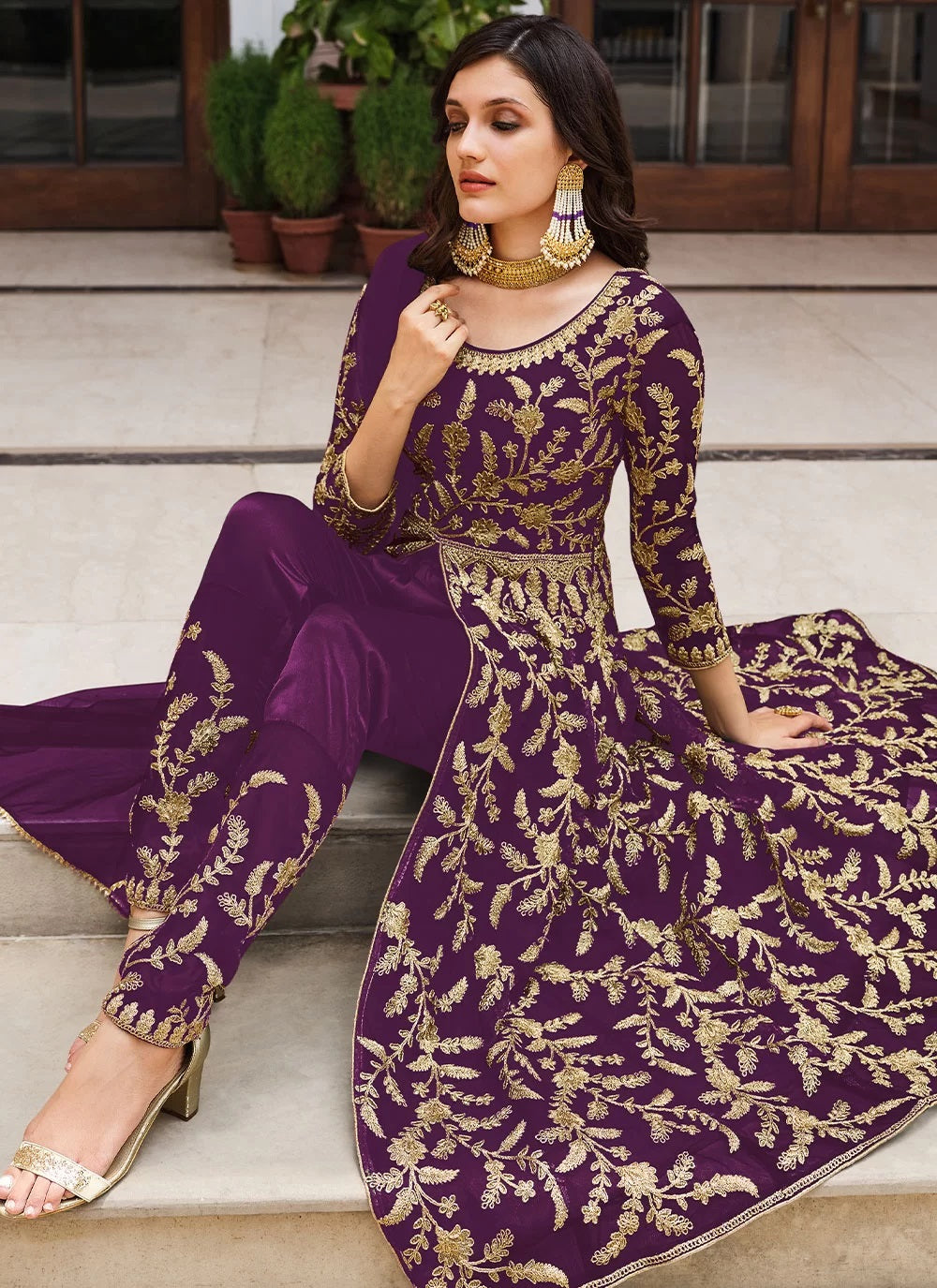 Sequins Embroidered Net Abaya Style Suit In Wine