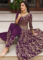 Sequins Embroidered Net Abaya Style Suit In Wine