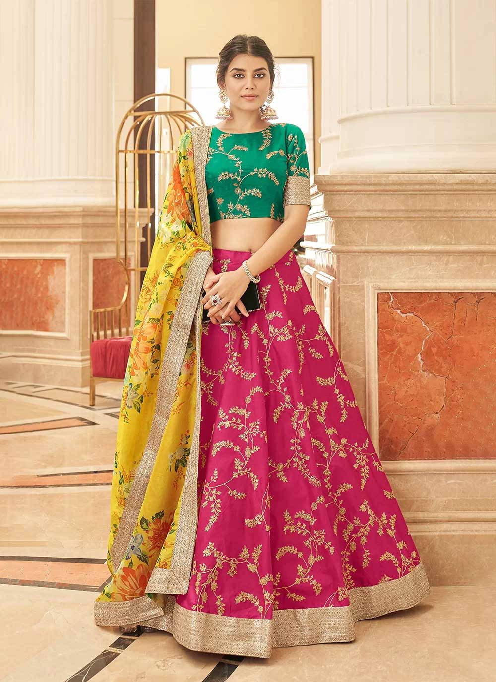 Sequins Embroidered Pink And Yellow Art Silk Lehenga Choli
