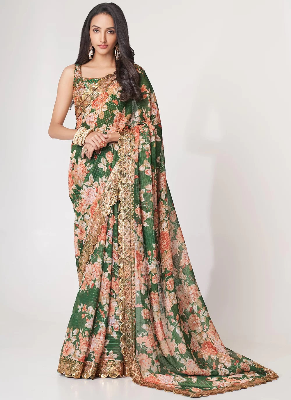 Sequins Embroidery Work with Digital Print Organza Saree In Green