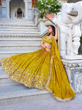 Mustard Color Sequins And Thread Embroidery Work With Vichitra Silk Lehenga Choli