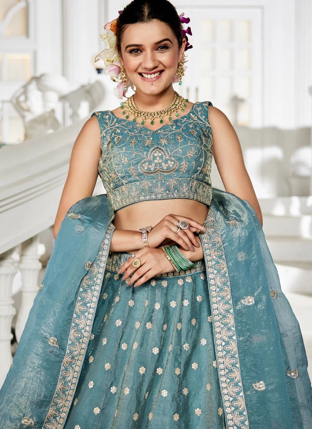 Sea Green Golden Tissue Lehenga | Sequins & Embroidery – Elegant Wedding Lehenga