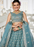 Sea Green Golden Tissue Lehenga | Sequins & Embroidery – Elegant Wedding Lehenga