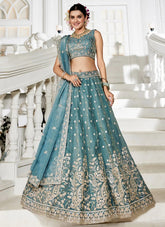 Serene Sea Green Golden Tissue Lehenga with Sequins & Embroidery