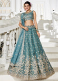Serene Sea Green Golden Tissue Lehenga with Sequins & Embroidery