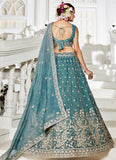 Sea green golden tissue lehenga with sequins, coding and embroidery—elegant wedding wear