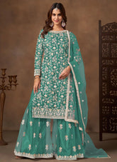 Sea Green Festive Palazzo Suit | Net Embroidered Salwar Suit for Women