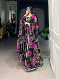 Pink Color Floral Printed And Paper Mirror Lace Georgette Gown