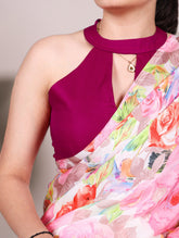 Floral print satin saree in light pink