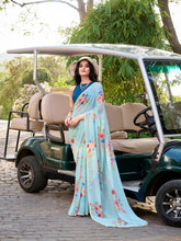 Sky blue marbal saree with floral print