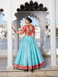 Sky Blue Weaving Zari Work With Jacquard Silk (Paithani) South Lehenga Choli
