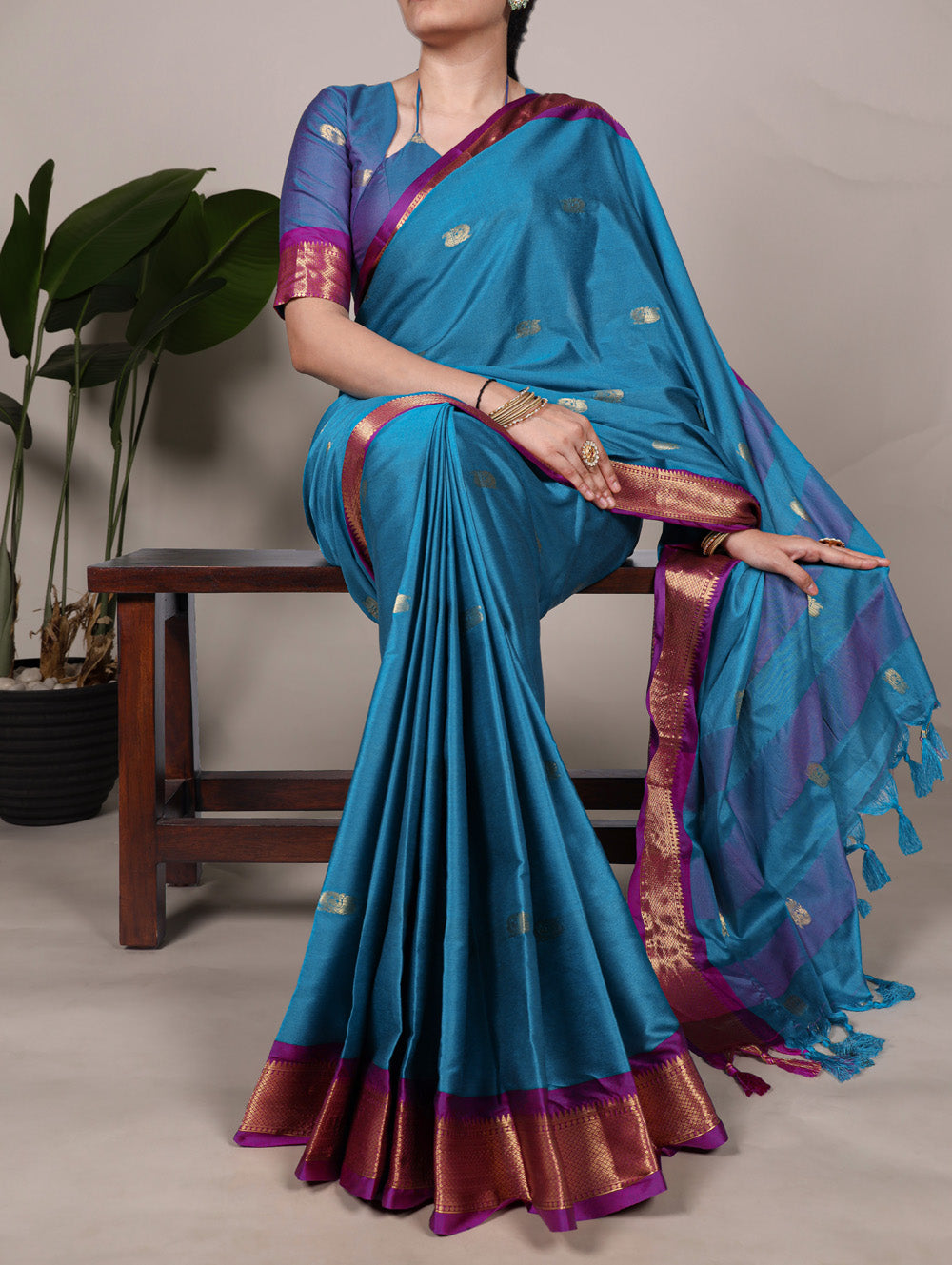 Sky blue cotton silk saree with weaving work
