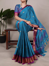 Sky blue cotton silk saree with weaving work