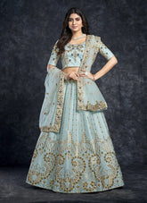 Sky Blue Italian Silk Zari and Diamon Work Party Lehenga Choli