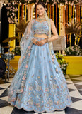 Designer Sky Blue Indian Lehenga with Cutwork Border