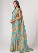 Sky Blue Sequins Embroidery Work with Digital Printed Saree
