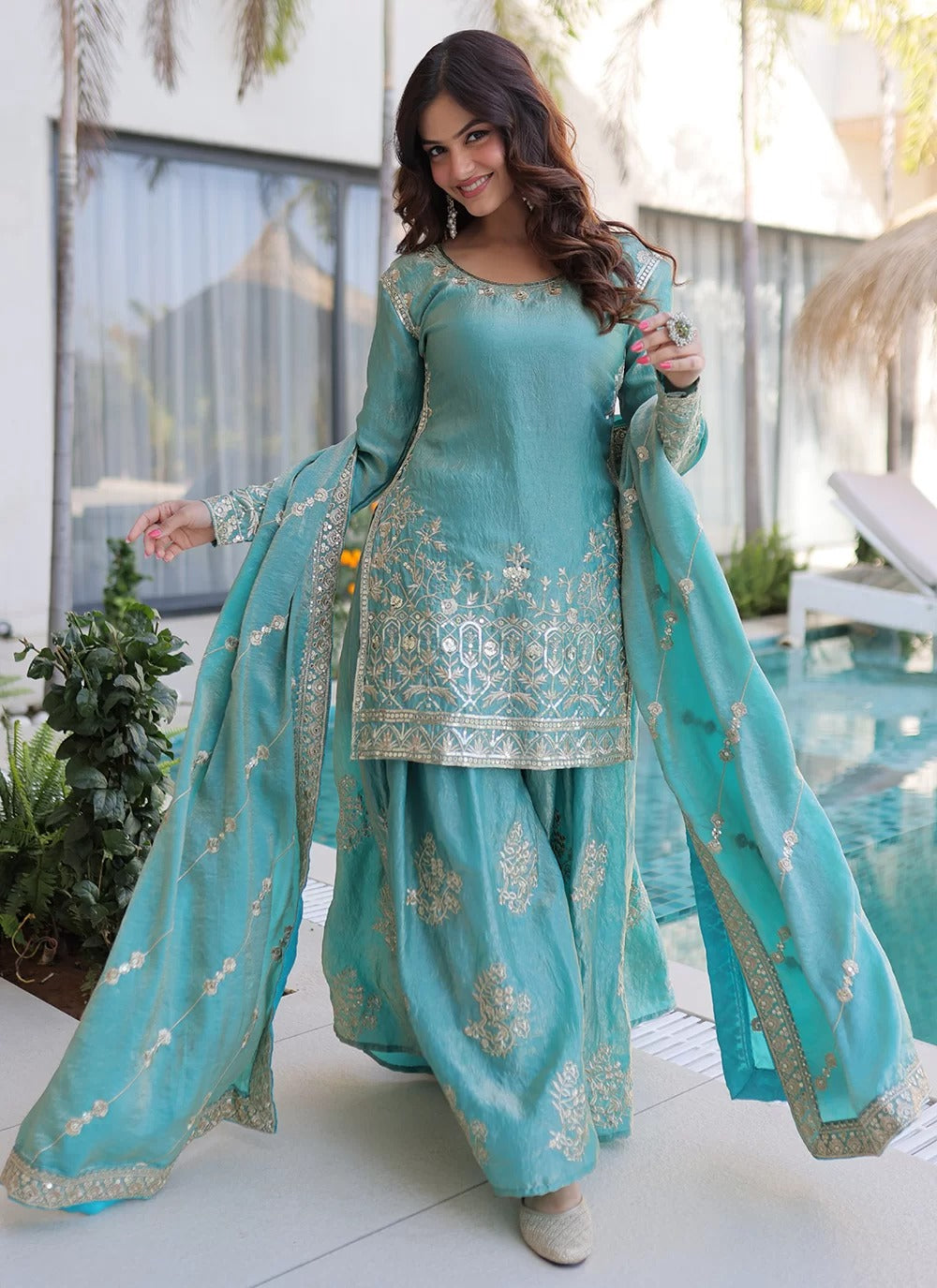 Sky Fendi Crush Zari Sequins Embroidered Kurti Sharara Set with Dupatta