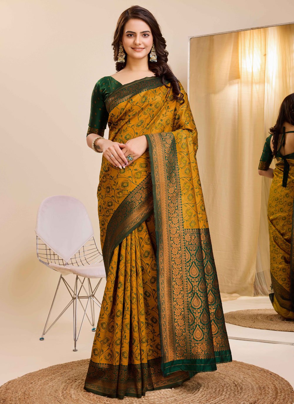 Sophisticated Kanjivaram Silk Elegant Saree With Jacquard Work In Mustard