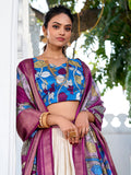 Off White Color Printed (Kalamkari) With Zari Weaving Border Jacquard Silk Lehenga Choli