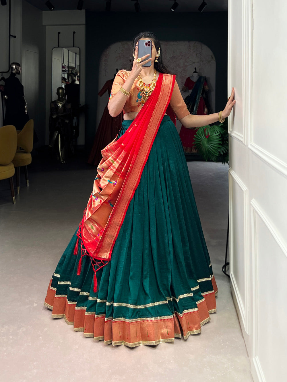 Green vichitra silk South Indian dhavani lehenga choli